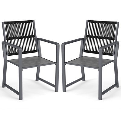 Set of 2 Patio Dining Chairs, HDPE Seat Outdoor Metal Chairs with Woven Back, Weather Resistant, Fade Proof, Easy Clean, Grey