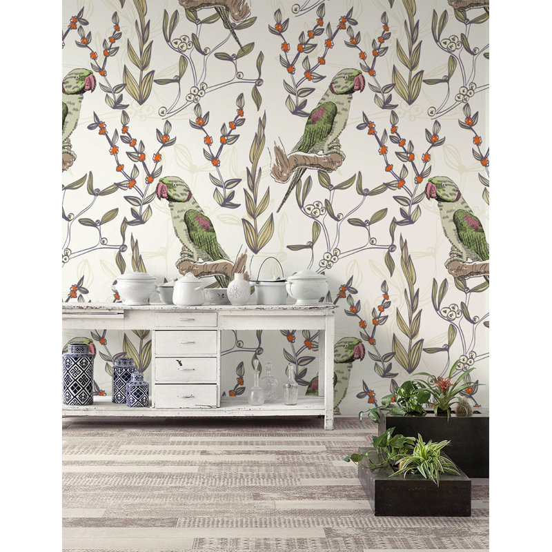 Papier peint amovible perroquet sur branches, L 9 po x l 15 po
