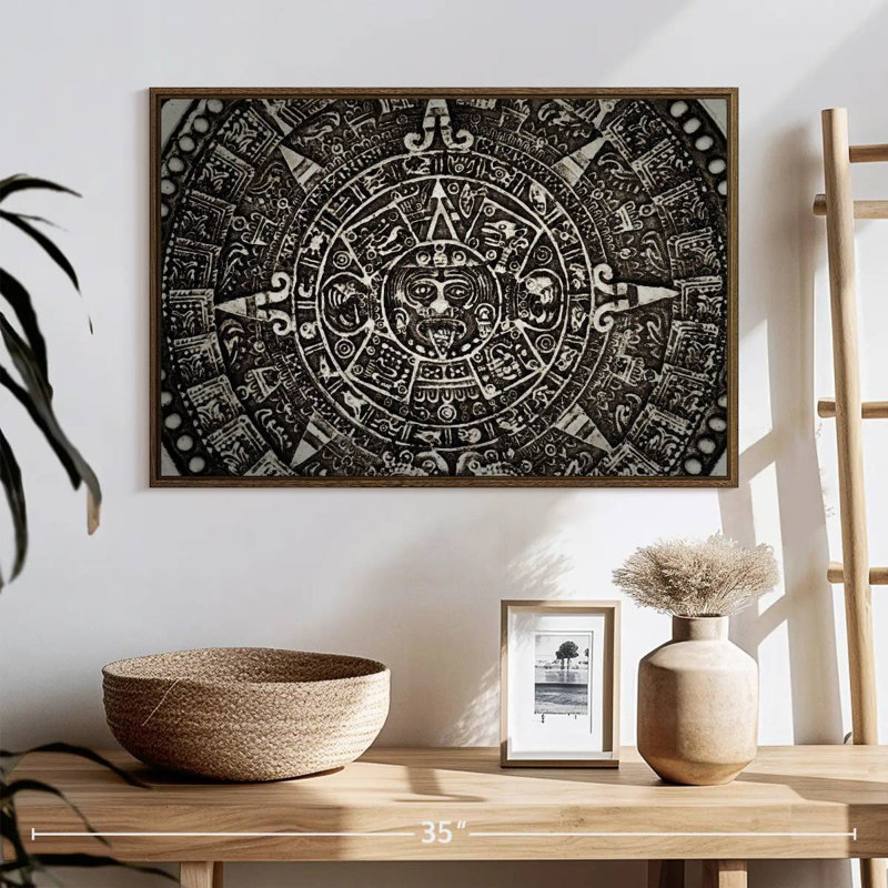 Calendrier maya noir, 25 po x 17 po, Cadre flottant noyer