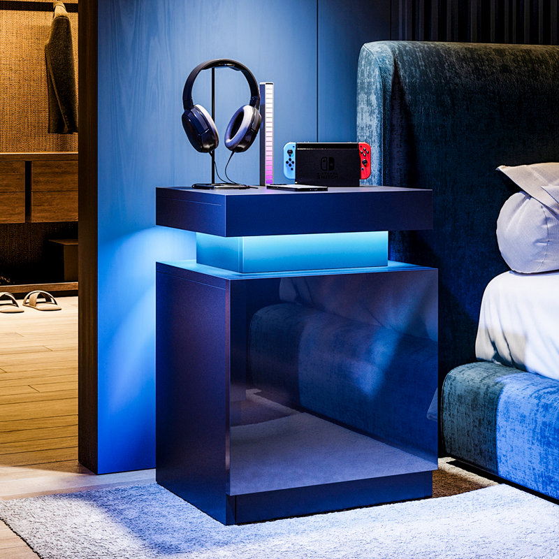Black High Gloss LED Nightstand Set with Cabinet
