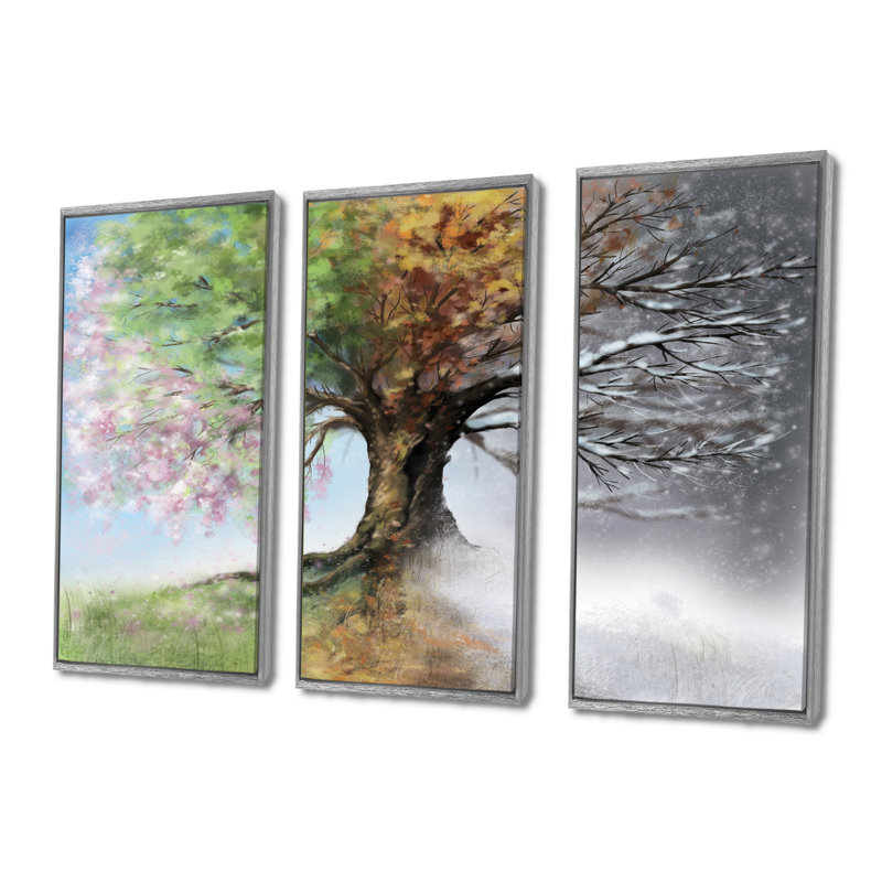 Arbre avec quatre saisons - ensemble d'art mural sur toile encadré paysage de 3, H 28 po x l 36 po, Argent