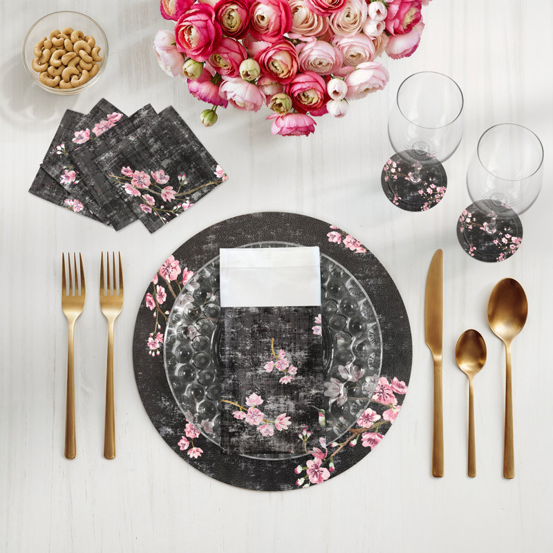 Blossom Fantasia Pebble 16" Vinyl Placemat, Black/Pink