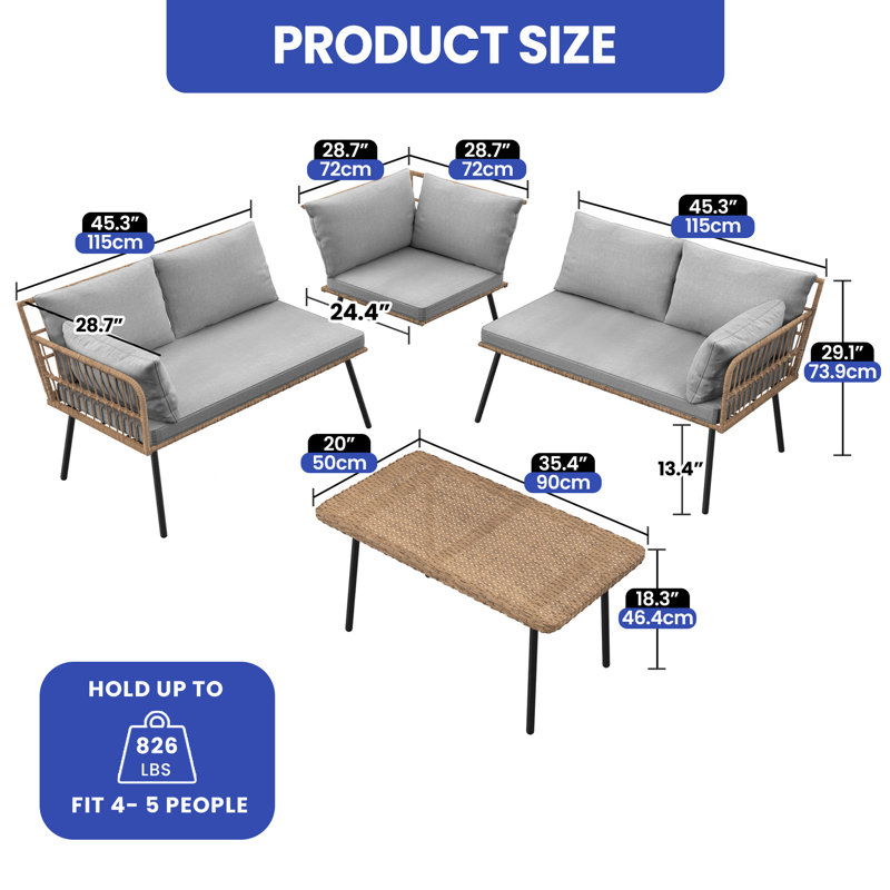 Ensemble de 4 meubles de patio, 3 canapés en forme de L, table basse et coussins confortables