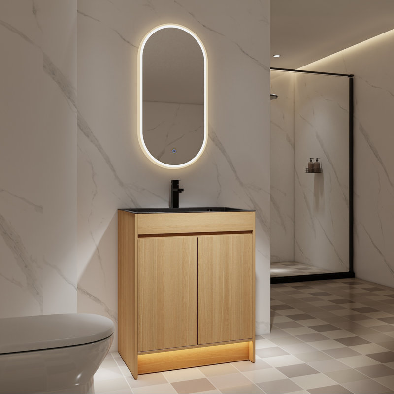 Meuble-lavabo autoportant de 28 po avec lavabo en acier inoxydable et portes à fermeture en douceur