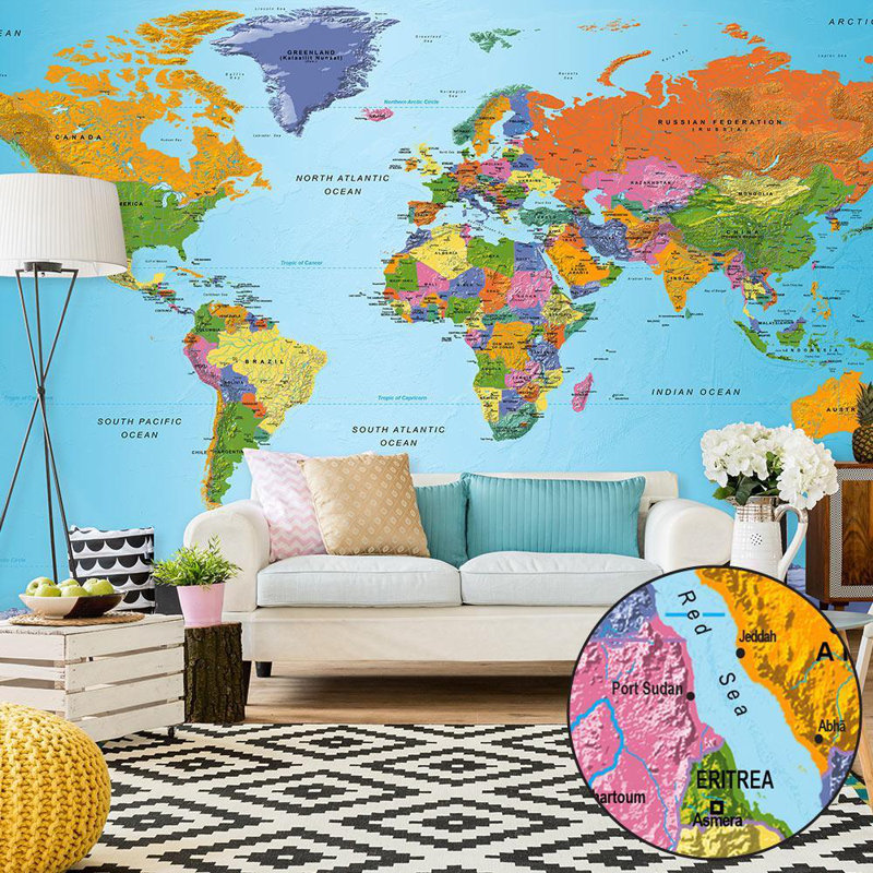 Murale XXL carte du monde pelez et collez - carte du monde colorée - décalcomanies murales amovibles, Vinyle