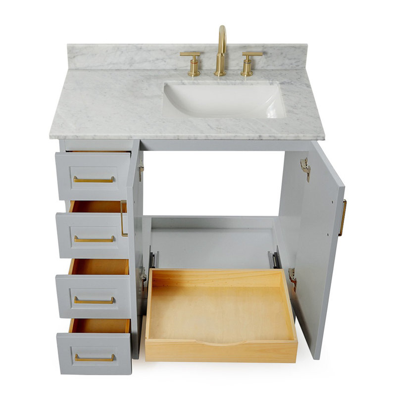 Meuble-lavabo simple en bois massif 37 po gris Freitas avec plateau en marbre de Carrare 0,75 po, évier droit décalé, Oui