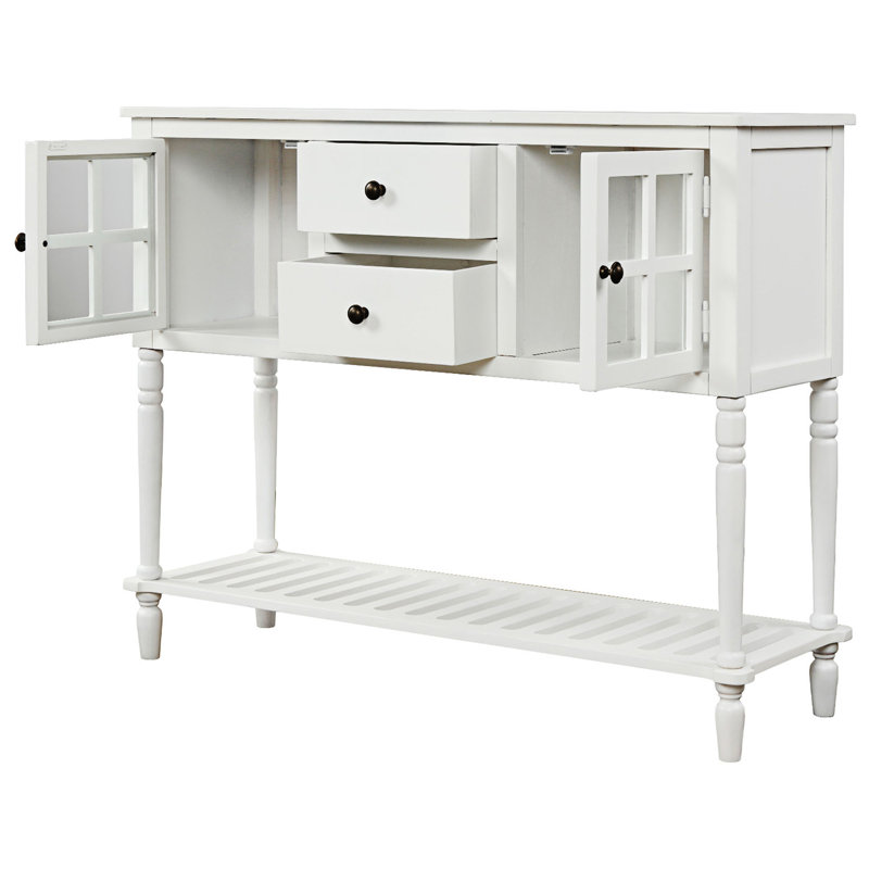 Farmhouse Wood & Glass Sideboard Console Table | Buffet with Bottom Shelf | Living Room Storage, White
