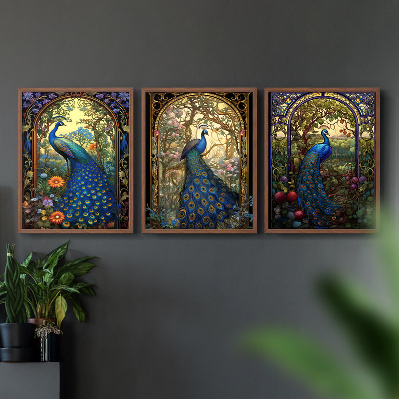 Série Peacock - Ensemble de 3 estampes numériques encadrées - Prêt à être accroché, Cadre noyer, H 14 po x l 11 po
