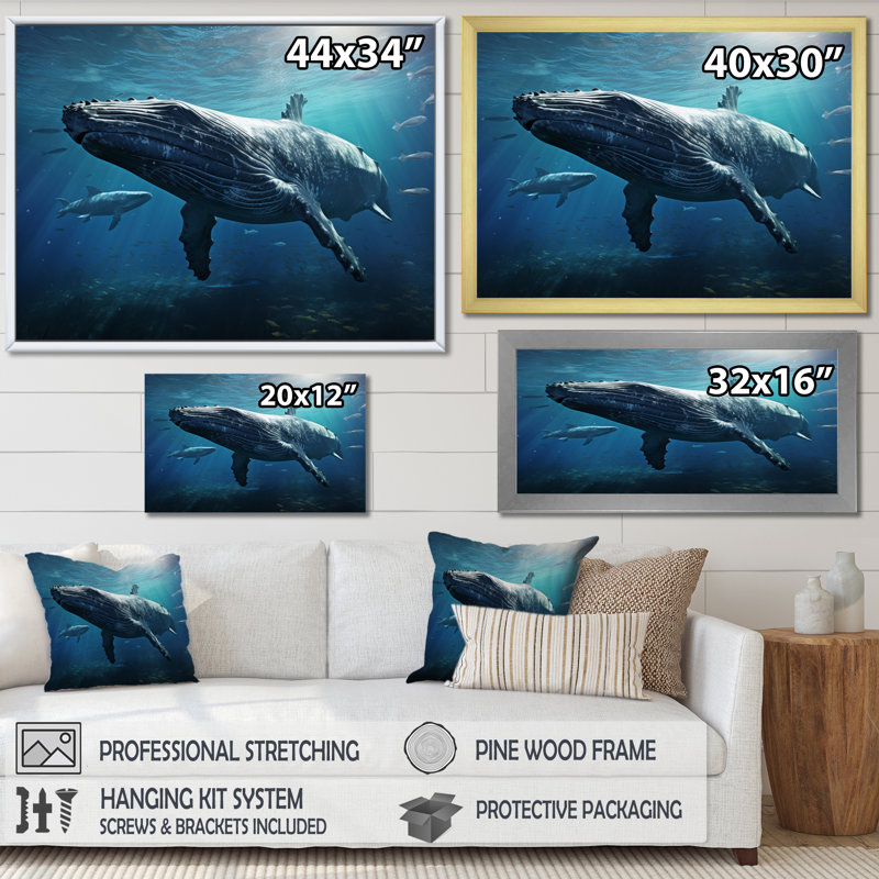 «Blue Marine Animals Graceful Giants», reproduction sur toile, Toile tendue, H 30 po x l 40 po x P 1,5 po