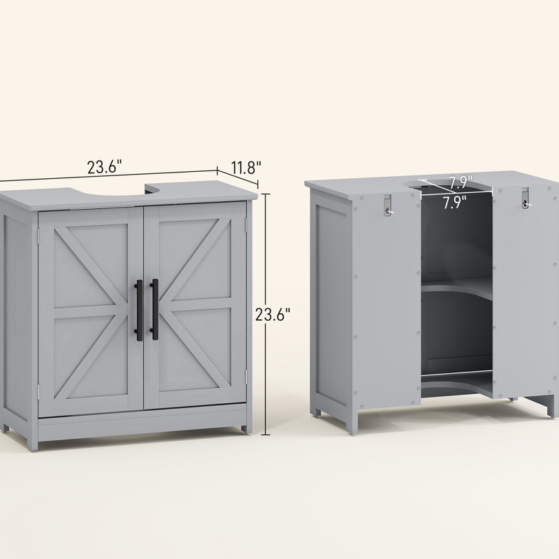 Unité de rangement pour lavabo de salle de bain, gris foncé, portes de grange, tablette réglable, look, armoire gris stable, fente en forme de U, attrait, basculement