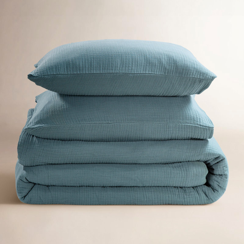 Ensemble d'édredon en coton, Édredon pour grand lit + 2 taies décoratives, Bleu tempête