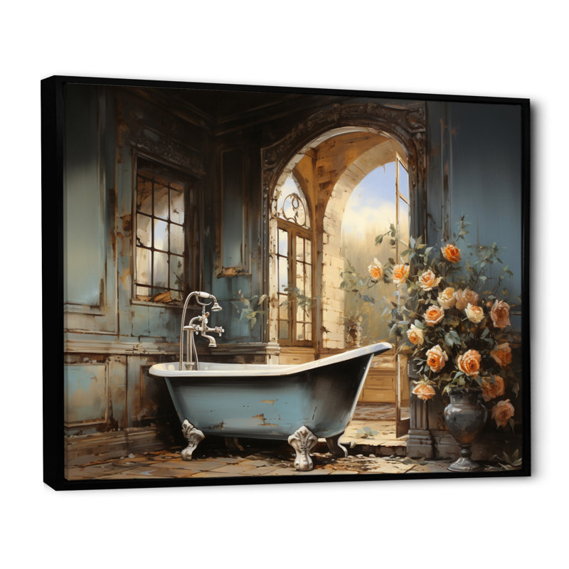 «Bathroom Vintage Elegance II», impressions sur toile de salle de bain, H 16 po x l 32 po x P 1 po, Cadre flottant noir