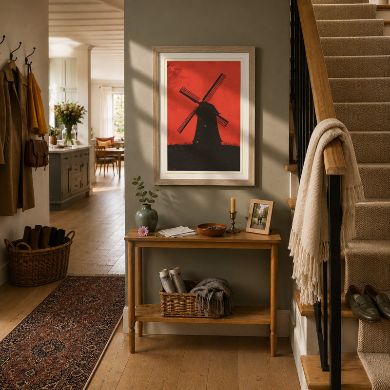Windmill At Dusk Geometric - Print, Oak, A4 - 29.7 x 21.0 cm
