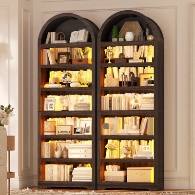 Bibliothèque de 79,4 "de haut avec 7 lumières à DEL, armoire de rangement moderne à 7 niveaux avec tablettes réglables (ensemble de 2)