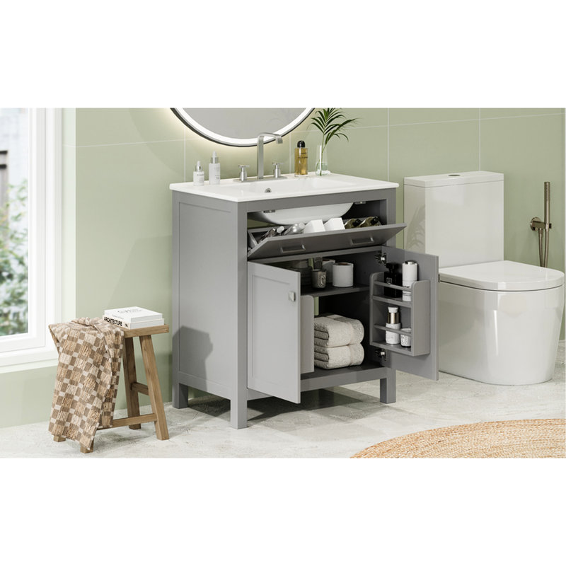 30" Bathroom Vanity. Gray Ceramic Sink Cabinet. 2 Doors & Storage. Soft Close Doors. Ensures Long-Term Use Vanity With Sink. Shelf. Close. Suits Modern Designs