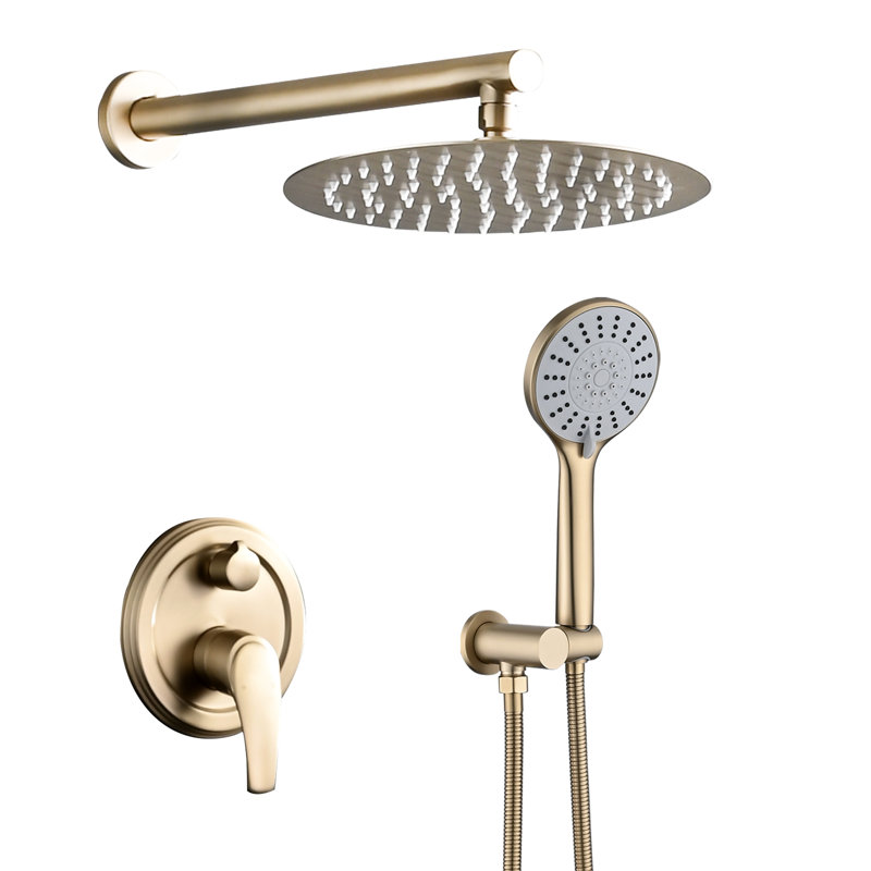 Douche 10 pouces avec pluie élevée et tête à 5 poignées, fixation murale, laiton argenté