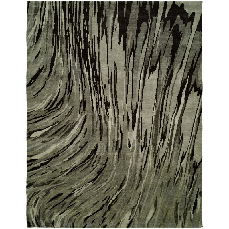 Tapis gris abstrait en laine noué à la main, Rectangle 3 pi x 5 pi