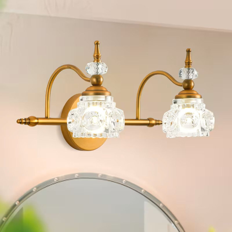 Luminaire de meuble-lavabo doré Golden Elegant Vintage | Éclairage de salle de bain à deux lumières avec abat-jour en cristal exquis, semi-encastré, extrémité polie, convient à plusieurs pièces