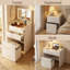 Meuble-lavabo 3-en-1 avec miroir en verre, station de charge, casier de grande bouteille caché, tabouret avec tiroir, table de chevet, blanc pur