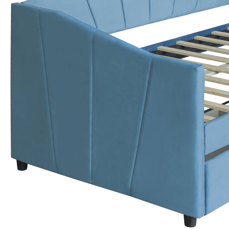 Lit de jour bleu rembourré avec deux tiroirs et lattes de bois substantielles - taille simple tactile, Bleu