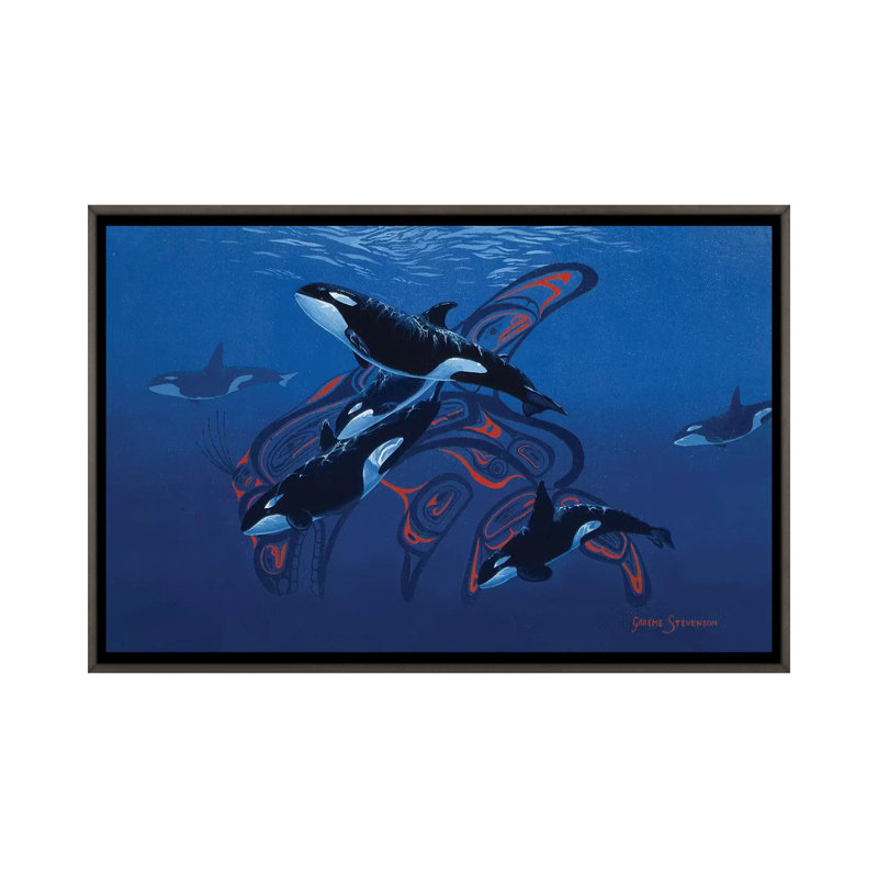 Orca Days par Graeme Stevenson - reproduction d'art, Toile avec cadre en bois foncé rustique, Aucun mat