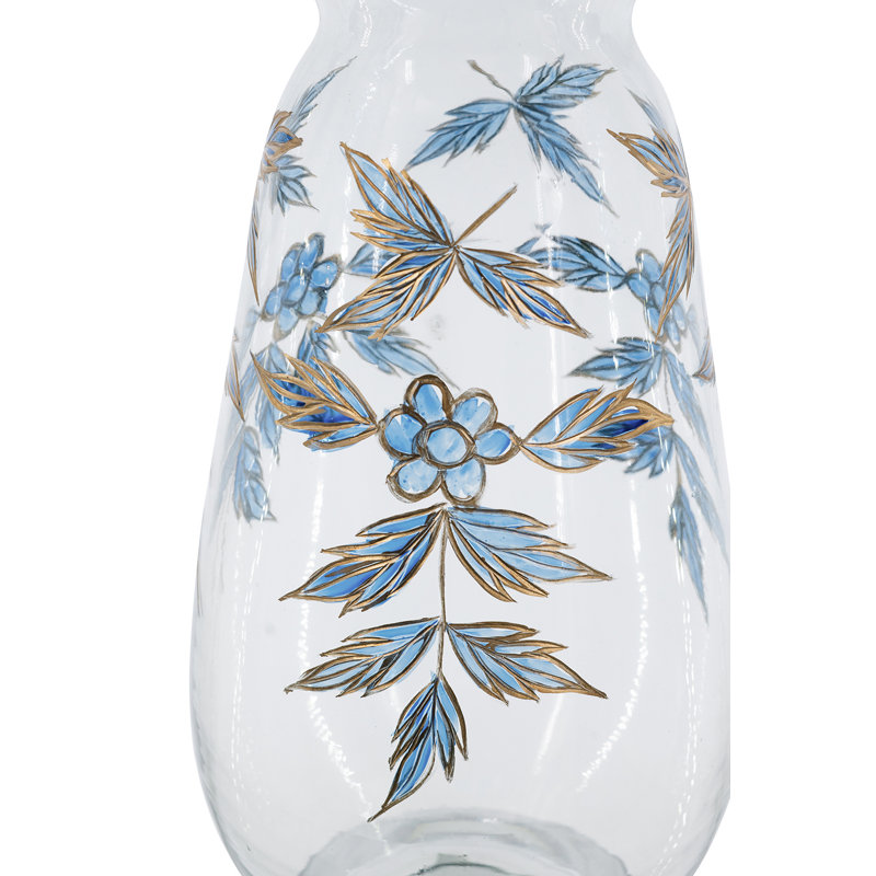 D6.5x12.5 "Vase rond en verre transparent avec motifs botaniques bleus et dorés, H 12,6 po x l 6,5 po x P 6,5 po