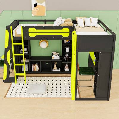 Lit mezzanine simple en L avec DEL RVB, charge USB et tablettes