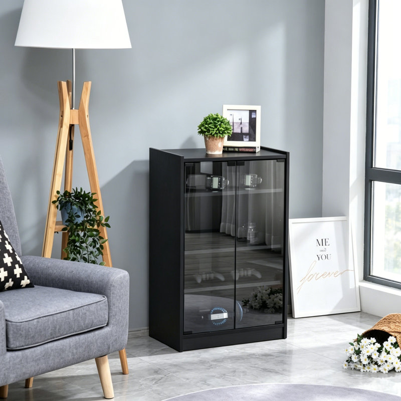 Meuble multimédia à 5 niveaux avec tablettes réglables à 3 niveaux, portes en verre trempé et gestion des câbles, meuble multimédia