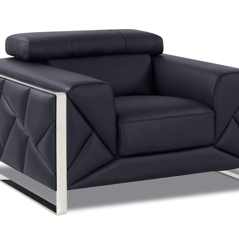 Fauteuil de coin en cuir Tyrena, Argent argent, Cuir noir Tyrena
