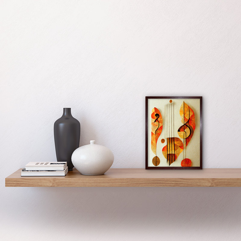 Modern Abstract Musical Symbol Clef Staff - Print, 25.9cm H x 20.6cm W x 1.5cm D, Brown Framed Unframed