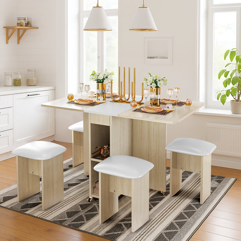 The Movable Multi-functional Folding Dining Table And Chairs Set, A Wood-grain Tabletop Combined With A Embossed Table And Cabinet, Four Pu Cushioned Stools Can Be Tucked Into The Table, A Super Space-saving Four-piece Set Of Tables And Chairs