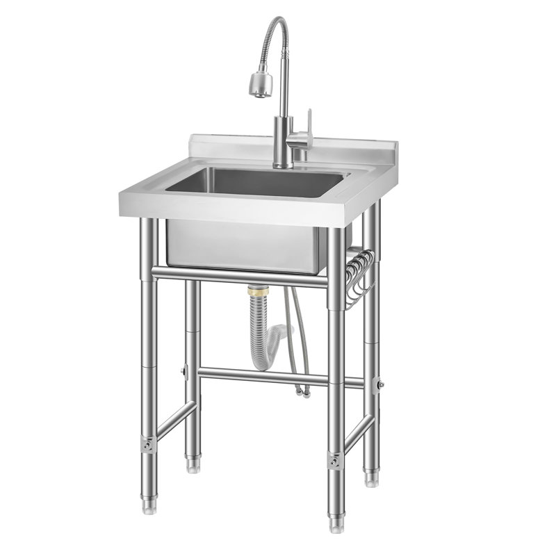Stainless Steel Utility Sink, Freestanding Single Bowl w/Hot & Cold Faucet, Backsplash, S-Hooks & Adjustable Legs