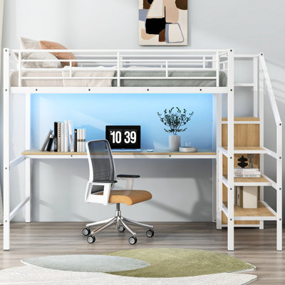 Lit mezzanine double pleine grandeur en métal, blanc, bureau, escalier de rangement, petite armoire, 7 couleurs, design moderne, vie urbaine moderne, contemporain