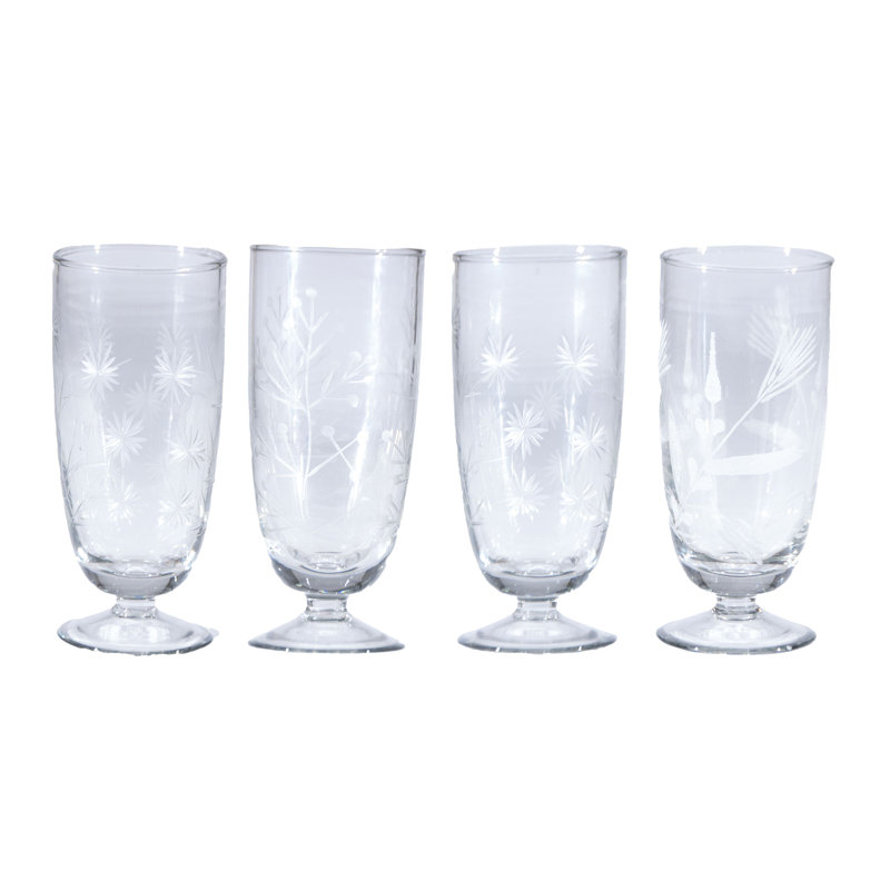 4 verres à pied en verre soufflé à la main 8 pièces avec botanique gravé à l'eau-forte