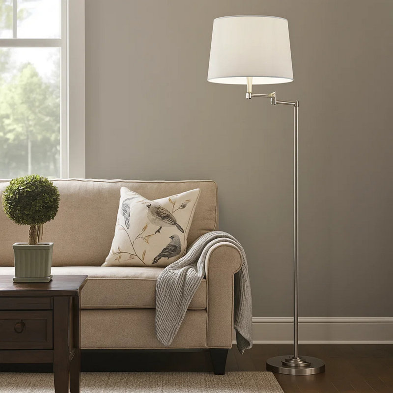 Tomi 63 Inch Floor Lamp, Double Swing Arm, Brushed Steel, White Shade, Chrome
