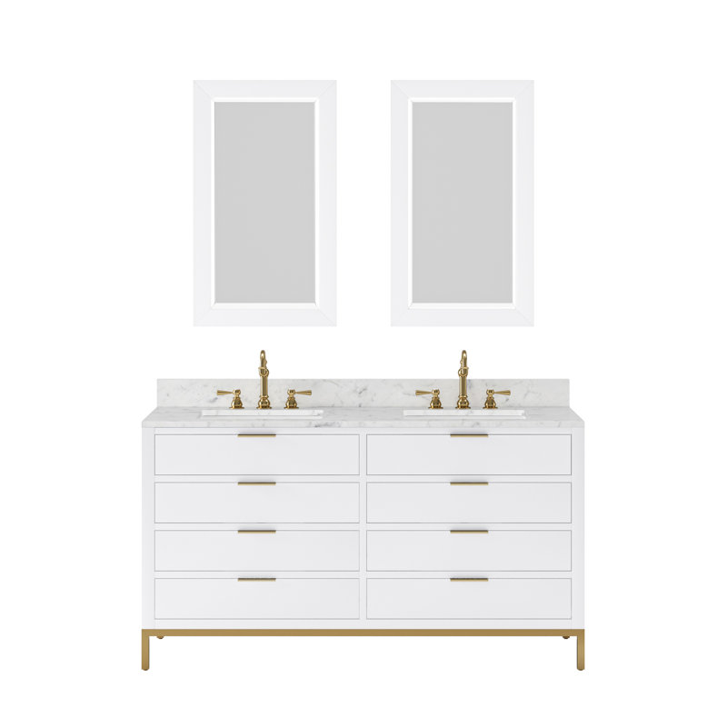 Bristol 60 In. Double Sink Carrara White Marble Countertop Bath Vanity In Pure White With Rectangular Mirrors (S), Pure White