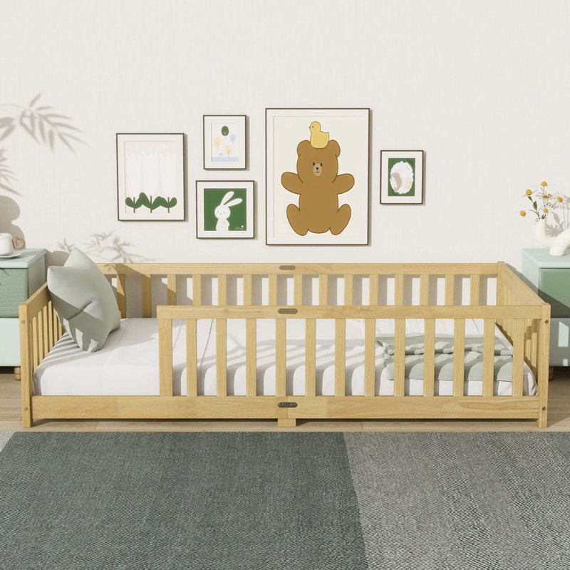 Natural Rubber Wood Watsons Floor Bed With Fence (No Door) And Safety Guardrails, Natural