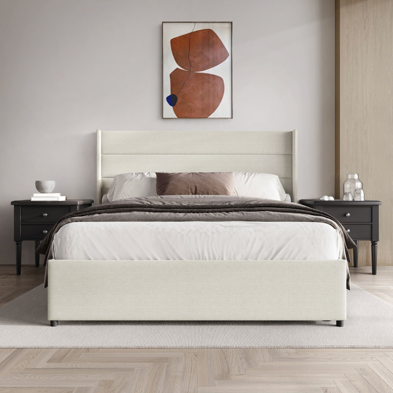 QUEEN SIZE WINGBACK PLATFORM LIFT UP STORAGE BED IN BEIGE LINEN, QUEEN, BEIGE