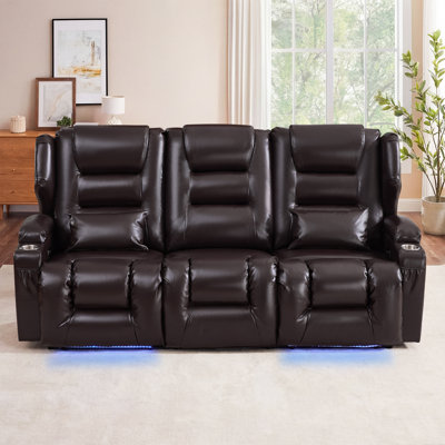 3 Seat Wall Hugger Power Reclining Sofa With Drop Down Console, LED Lights, USB Charging, Cup Holders For Living Room