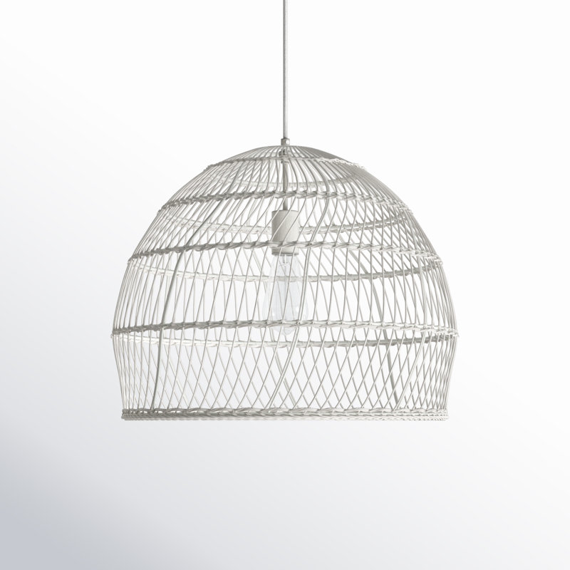 White Metal and Rattan Dome Pendant Light