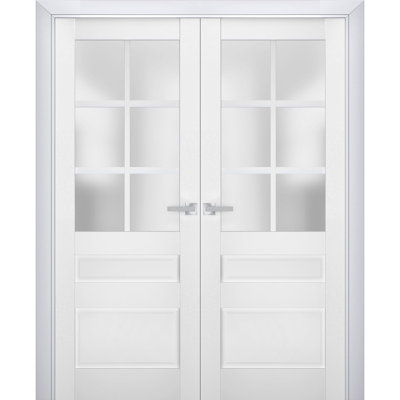 Portes doubles françaises intérieures en verre dépoli Veregio 7339 Blanc Soie, cadre en bois massif, moulures, portes robustes pour placard ou chambre à coucher, 48 po x 80 po (2 x 24 x 80)