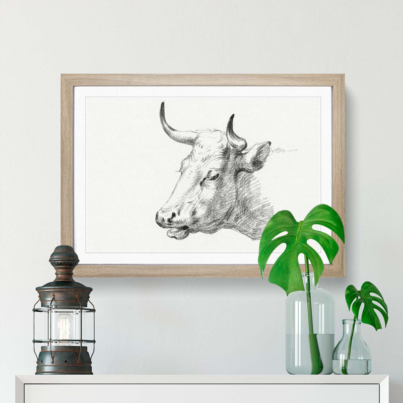 Head of a Cow by Jean Bernard - Picture Frame Drawing Print, Oak Framed, 27cm H x 36cm W x 2cm D