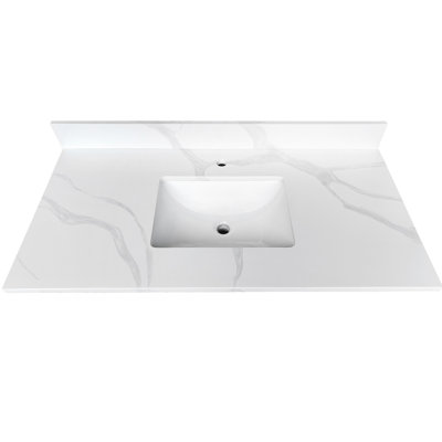 Meuble-lavabo à quartz 43 po Stain & Heat pour salle de bain, lavabo sous-comptoir à simple cuve, 4 dosserets, un trou de robinet, comptoir de salle de bain pratique et élégant avec évier au milieu, haut 1 pré-percé, américain