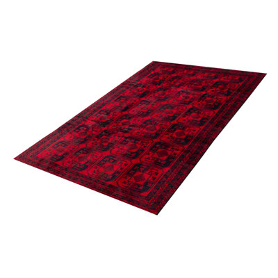 Tapis rouge en laine noué à la main de conception unique 6 pi 3 po x 9 pi 8 po Teimani