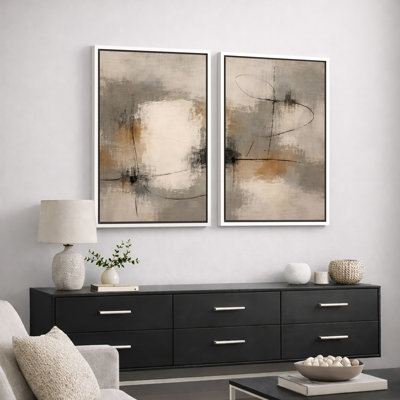 Soft Neutral Abstract Artwork with Linear Black Accents, Living Room Pictures, Framed Canvas Giclee Print Wall Art