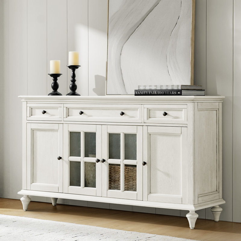 Alixzandria 58" Wide 3 Drawer Sideboard with Glass Doors and Adjustable Shelves, White