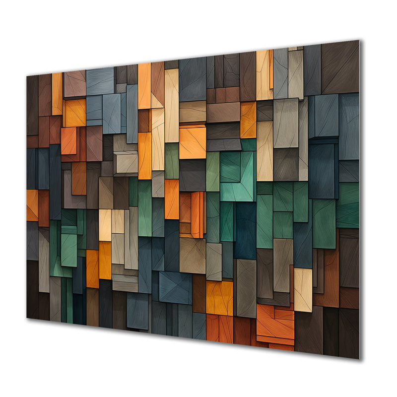 Vert et jaune mosaïque cubes pluie - tuile abstraite, art mural en métal MT136414, H 16 po x l 32 po x P 1 po