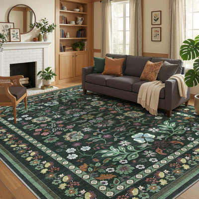 Vintage Floral Boho Washable Soft Area Rug Stain Resistant Easy Cleaning Indoor Carpet with Non-Slip Rubber Backing Low Pile Floor Cover For Living Room, Bedroom, and Entryway