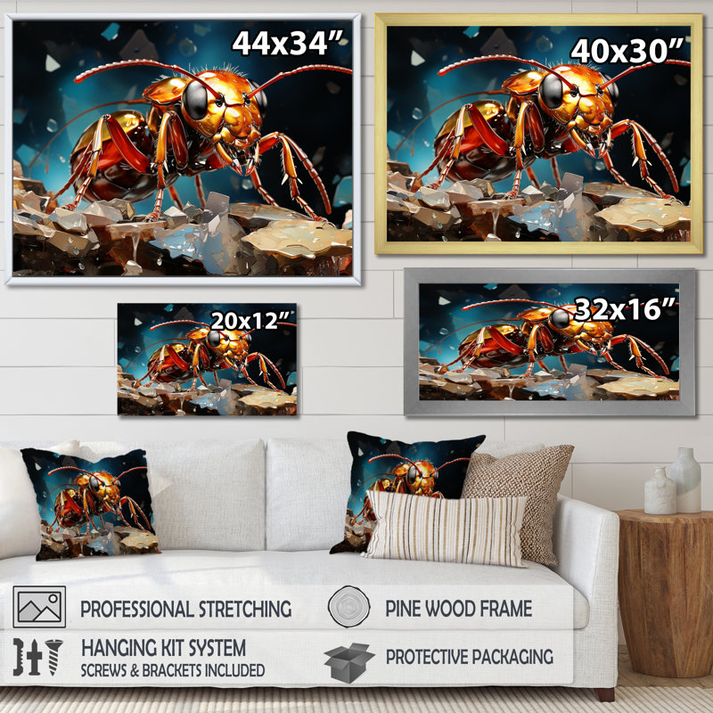 Art Deco Forager Gold Ant I sur impression sur toile, H 16 po x l 32 po x P 1 po, Cadre naturel flottant