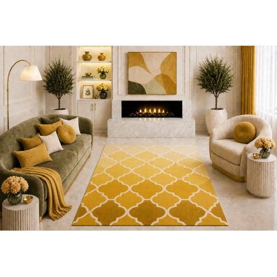 Tapis ultra-léger 152 x 213 cm, motif treillis marocain jaune ombré, style géométrique moderne, idéal pour le salon, la chambre ou la salle à manger. Dos en silicone antidérapant, poils courts.